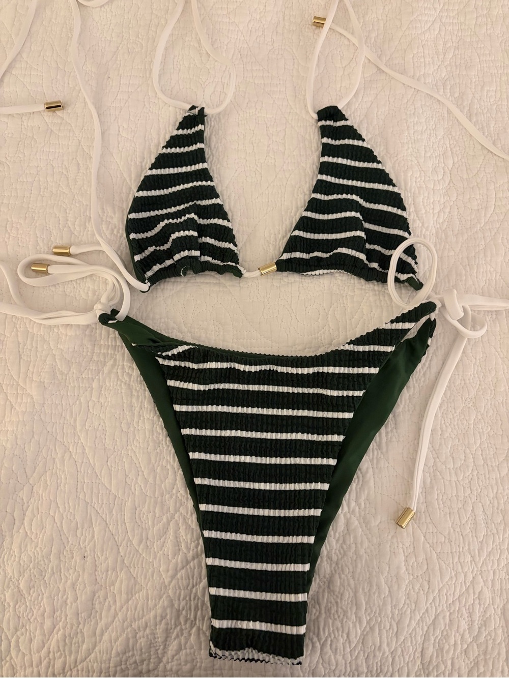 Frankie's Bikinis Dark Green & White Striped Ribbed Triangle Bikini